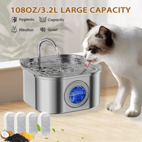 Cat Water Fountain Stainless Steel,108oz 3.2L Cat Fountain For Drinking - Pet Water Fountain Inside - Automatic Dog Watering Dispenser Bowl - Pet Feed
