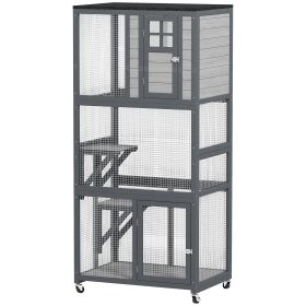 74" Wooden Outdoor Cat House Catio with High Weight Capacity, Cat Cage Condo, Dark Gray