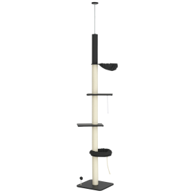 Floor To Ceiling Cat Tree, 5-Tier Cat Climbing Tower, 95''-106'' Height Adjustable with Carpeted Platforms, Cozy Bed, Hammock, Scratching Post & Toy