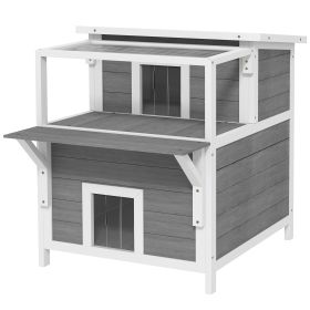 2-Story Wooden Cat House Outdoor with Balcony, Openable Top, Escape Door, Removable Panel & Floor, for Backyard, Outside