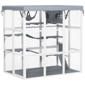 Large Outdoor Catio Cat Enclosure with Hammock, Condo, Jump Platforms, Ladders, Ramps, Tarp, for 2-4 Large Cats, Gray