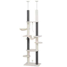 89"- 100" Floor to Ceiling Cat Tree with Scratching Posts, Hammock, Perches & Toy Balls, White