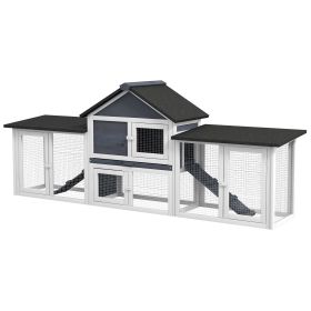 Outdoor Rabbit House 83" 2 Story Deluxe XL Wooden Rabbit Hutch, Big Bunny Cage w/ Ladder and Run, Dark Gray
