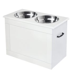 Raised Pet Feeding Storage Station with 2 Stainless Steel Bowls Base for Large Dogs and Other Large Pets, White
