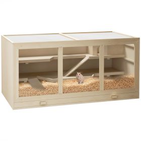 45" Extra Large Wooden Hamster Cage, 3-Layer Rat Cage with Opening Roof, PVC Window, Small Animal Habitat for Gerbil, Dwarf & Syrian Hamsters, Natura
