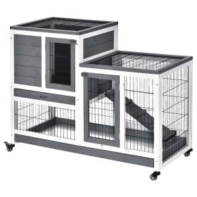Wooden Rabbit Hutch Elevated Bunny Cage Indoor Small Animal Habitat with Enclosed Run with Wheels, Ramp, Removable Tray for Rabbits, Chickens, Ducks,