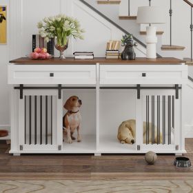 63'' Large Dog Crate Furniture For Double Dog, Wooden Dog Kennel With 2 Drawers,Divider And Sliding Door, Water Resistant Indoor Pets Furniture Style