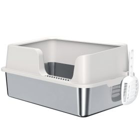 Stainless Steel Litter Box with High Side, Scoop, Easy Cleaning & Anti-Urine Leakage, for Big Cats, Light Gray