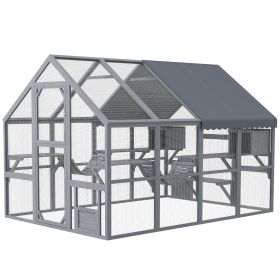 Wooden Catio Outdoor Cat Enclosure with Waterproof Cover, 2 Condos, 6 Platforms, Bridge, Doors, Gray