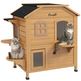 Â 2-story Cat House Outdoor, WeatherproofÂ Wooden Cat Enclosure for Feral Cats with Escape Door, Openable Roof, Jumping Platforms, Natural