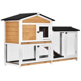 62" Rabbit Hutch, Wooden Bunny Hutch, Guinea Pig Cage, Small Animal Enclosure with Run Area, Removable Tray, Asphalt Roof, Lockable Doors and Ramp, f