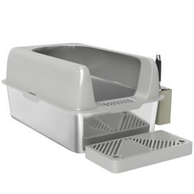 High Sided Stainless Steel Litter Box with Metal Scoop & Scoop Holder, for Easy Clean& Anti-Urine Leakage, Light Gray