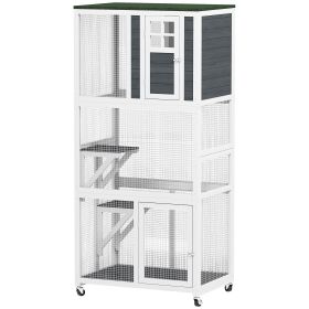 PawHut Outdoor Cat House, Wooden Catio on Wheels, Large Kitten Playpen with Weather Protection Roof, 2 Platforms, Resting Condo, Enter Door 36"L