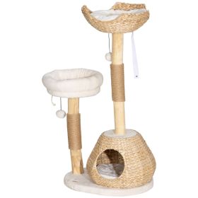 41" Modern Cat Condo, Indoor Cat Tree with Scratching Posts, Soft Removable Cushions & Toy Balls, Cream White