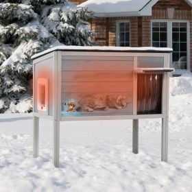 Outdoor Insulated Cat House, Wood Pet House w/ High Legs, Doors, Openable Roof, Weatherproof, Cat Animal Shelter for Winter, Gray