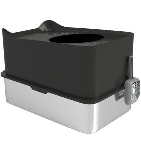 Extra Large Stainless Steel Litter Box, Enclosed Cat Litter Box with Scoop, Top Entrance, Non-slip Pads, Black