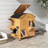 PawHut 2-Story Wooden Outdoor Cat House Feral Shelter with Escape Door Asphalt Roof 4 Platforms Natural