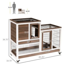 PawHut Wooden Rabbit Hutch Elevated Bunny Cage Indoor Small Animal Habitat With Enclosed Run With Wheels, Ramp, Removable Tray For Rabbits, Chickens,