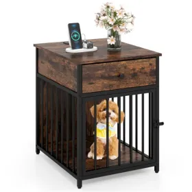 Black+Brown 2-in-1 Dog Crate End Table With Charging Station, Chew-Resistant Metal Tube Pet Furniture For Small Dogs Under 25 Lbs