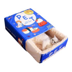 Snack Box Cat Bed Cartoon Rectangular Fully Enclosed Four Season Universal Multifunctional Soft Pet Bed For Home Travel (Color: Blue)