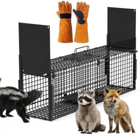 40in 2 Door Live Animal Cage Trap For Animals Under 18LBS Easy To Setup Humane Galvanized Iron Trap Cage For Raccoons Armadillos Foxes Opossums Muskra (Option: L_Black_Glove)