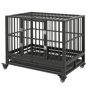 36" Heavy Duty Dog Crate Metal Cage Kennel with Lockable Wheels, Double Door and Removable Tray (Color: Gray)