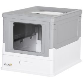 Fully Enclosed Cat Litter Box with Front Entry and Top Exit, Plastic (Color: Gray & White)
