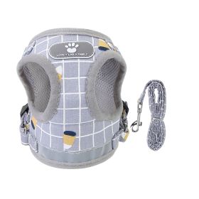 Pet Mesh Harness Dog Leash Set Reflective Chest Strap Adjustable Puppy Vest For Puppies Breeds Dogs Cats Walking Outdoor (Option: GreyCheckered_M)