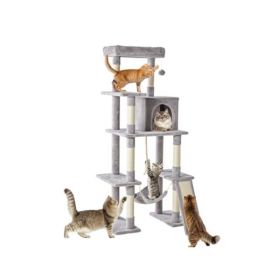 63-inch Cat Tree Tower, Large Multi-story Cat Climbing Tower, Natural Sisal Grabber Posts, Extended Platform, Hammock (Option: Light Grey)