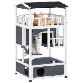 Wooden Outdoor Cat House, Feral Cat Shelter Kitten Condo with Asphalt Roof, Escape Doors, Condo, Jumping Platform (Color: Gray)