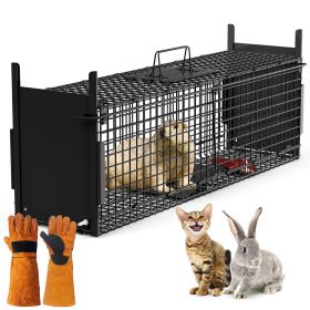 32in 2 Door Live Animal Cage Trap For Animals Under 12LBS Easy To Setup Humane Galvanized Iron Trap Cage For Rabbits Groundhogs Skunk Opossums Nutria (Option: M_Black_Glove)