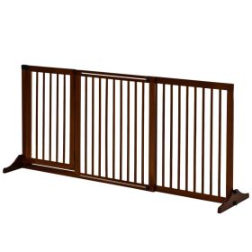 Freestanding Length Adjustable Wooden Pet Gate with Lockable Door 3 Panels (Color: Brown)