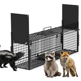 40in 2 Door Live Animal Cage Trap For Animals Under 18LBS Easy To Setup Humane Galvanized Iron Trap Cage For Raccoons Armadillos Foxes Opossums Muskra (Option: L_Black)