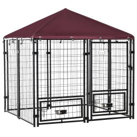 Outdoor Dog Kennel with Rotating Bowl Holders, Pet Playpen with Waterproof Cover (Color: Red, size: 4.6' X 4.6' X 5')