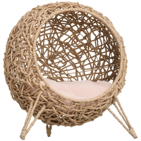 20.5" Weaved Cat Bed, Elevated Hand-woven Braided Banana Leaf Kitten House Condo with Cushion (Color: Beige)
