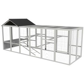 Wooden Chicken Coop Run for 6 - 10 Chickens, Hen House Add-On with Storage, Perches, 141.75" x 48" x 61" (Color: Gray)