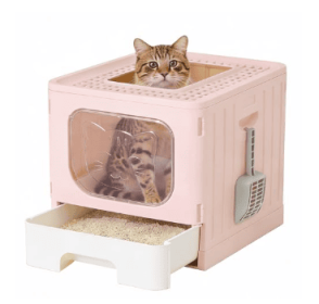 Covered Cat Litter Box, Large Foldable Cat Litter Box With Cat Litter Scoop  Easy-to-clean Drawer Design (Option: Pink)