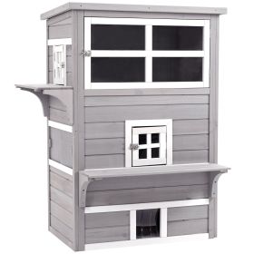 Outdoor Cat House, 3-Tier Kitty Shelter with 5 Escape Doors, Weather Resistant (Color: Gray & White)