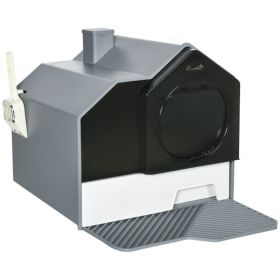 Hooded Cat Litter Box w/ Litter Mat, Litter Particle Catching (Color: Gray)