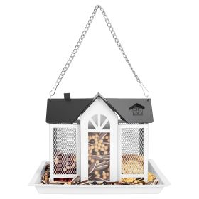 Metal Hanging Bird Feeder House Classic Barn Bird Feeder House Iron Hanging Outdoor Feeder with Visible Window and Lift Top Lid 15.75in Hanging Length (Option: BirdFeederHouseWhiteGPCT5639)