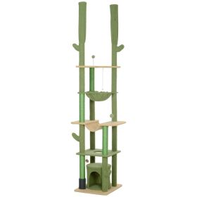 89"-100" Floor to Ceiling Cat Tree, Cat Climbing Tower with Grooming Brush Post, Cat Condo, Hammock, Green (Option: Green-610x490x245 mm)