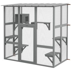 Catio Outdoor Cat Enclosure, Window Box Wooden Cat House with Bridge Platforms (Color: Gray)