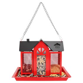 Metal Hanging Bird Feeder House Classic Barn Bird Feeder House Iron Hanging Outdoor Feeder with Visible Window and Lift Top Lid 15.75in Hanging Length (Option: BirdFeederHouseRedGPCT5639)