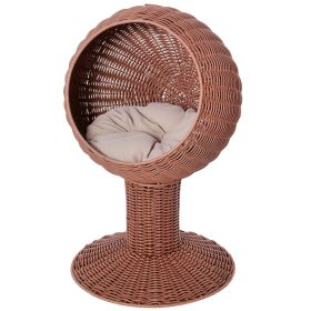 Elevated Cat Bed with Rotatable Egg Chair Pod, Cat Basket Bed with Thick Cushion, Natural Mat Grass Woven Kitty House (Color: Brown)