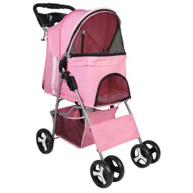 4 Wheels Pet Stroller Foldable Carrier Strolling Cart Travel Jogger Pet Stroller with Removable Liner Storage Basket for Dog Cat (Option: 4WheelStrollerPinkGPCT2280)