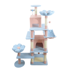 71 Inch Flower Cat Tree With Large Condo Removable Flower Cushion And Hammock (Color: Blue)