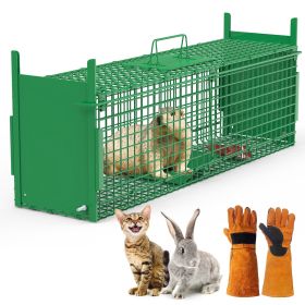 32in 2 Door Live Animal Cage Trap For Animals Under 12LBS Easy To Setup Humane Galvanized Iron Trap Cage For Rabbits Groundhogs Skunk Opossums Nutria (Option: M_Green_Glove)