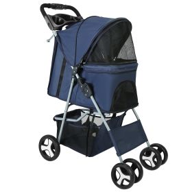 4 Wheels Pet Stroller Foldable Carrier Strolling Cart Travel Jogger Pet Stroller with Removable Liner Storage Basket for Dog Cat (Option: 4WheelStrollerBlueGPCT2280)