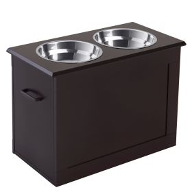 Raised Pet Feeding Storage Station with 2 Stainless Steel Bowls Base for Large Dogs and Other Large Pets (Color: coffee)