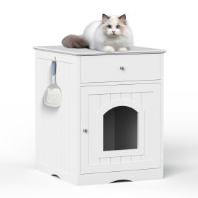 Wooden Pet House Cat Litter Box Enclosure with Drawer, Side Table, Indoor Pet Crate, Cat Home Nightstand (Color: White, Material: Solid Wood)